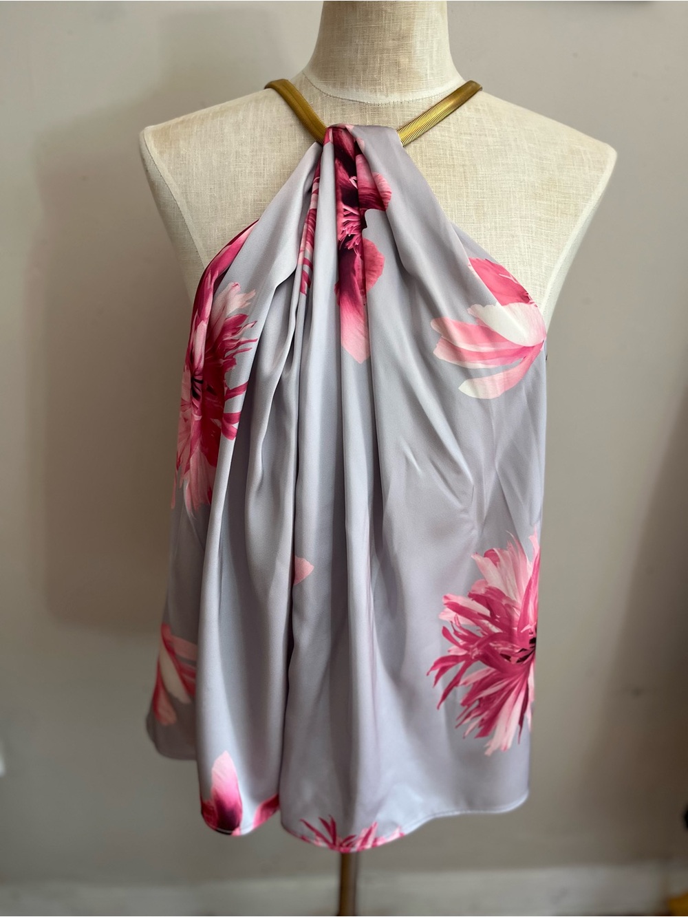 Donna Karan/ XL Women’s Floral Halter Scarf Top - Pink Floral on Light Gray